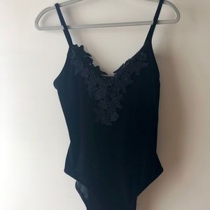 Topshop Black Velvet Bodysuit with Lace Detail, 6
